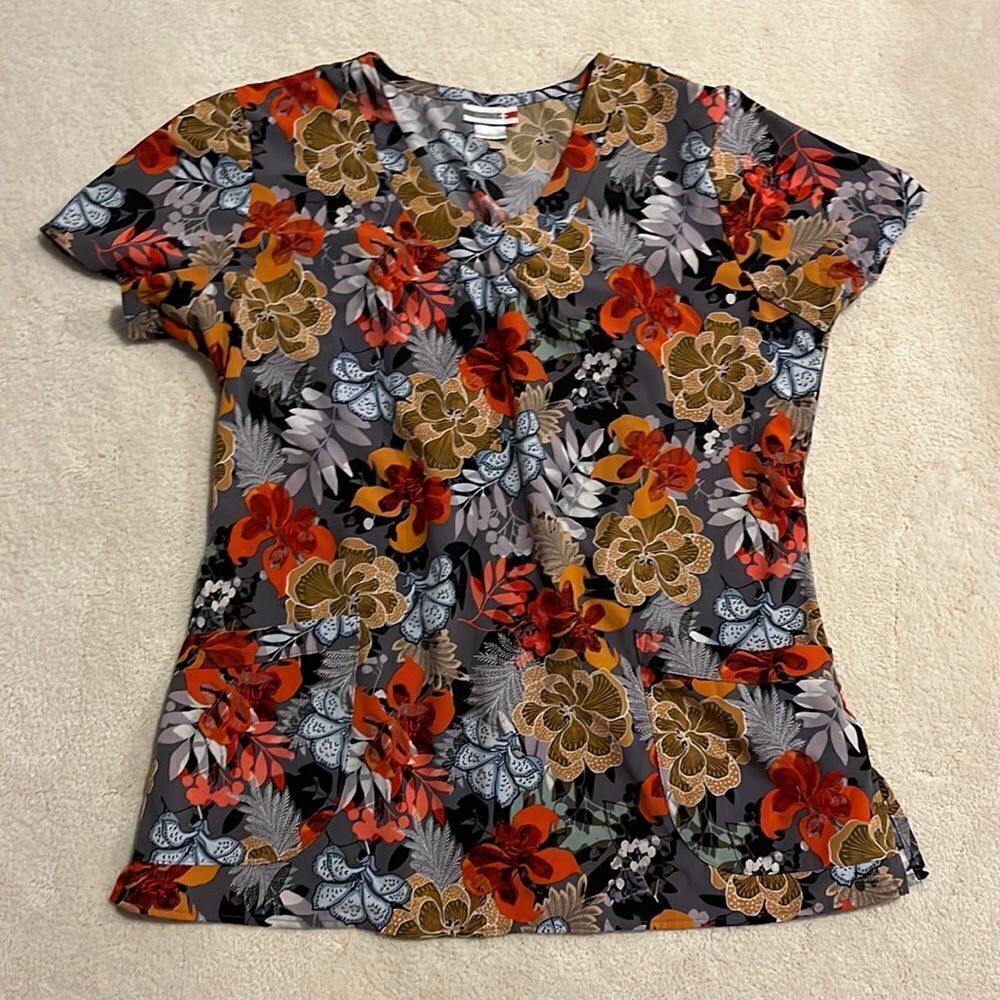White Cross Fall Motif Flowers Scrubs Healthcare Top. Size Small